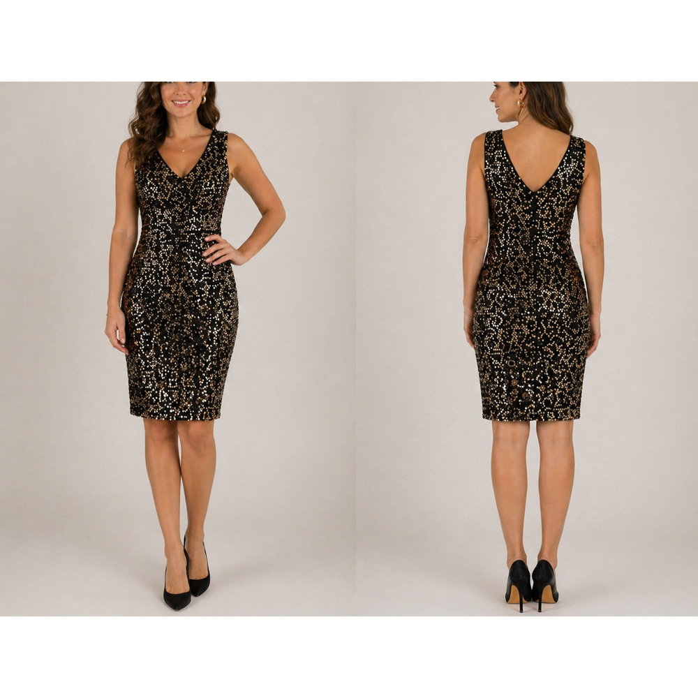 AB Studio Black Gold Sequin Dress Size 14 Sleeveless V-Neck Cocktail Party